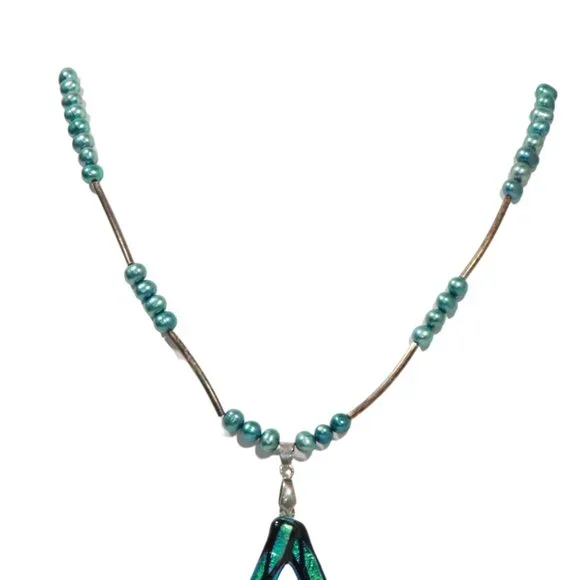 Blue Pearl Handblown Glass Pendant Handmade Necklace - Picture 3 of 7